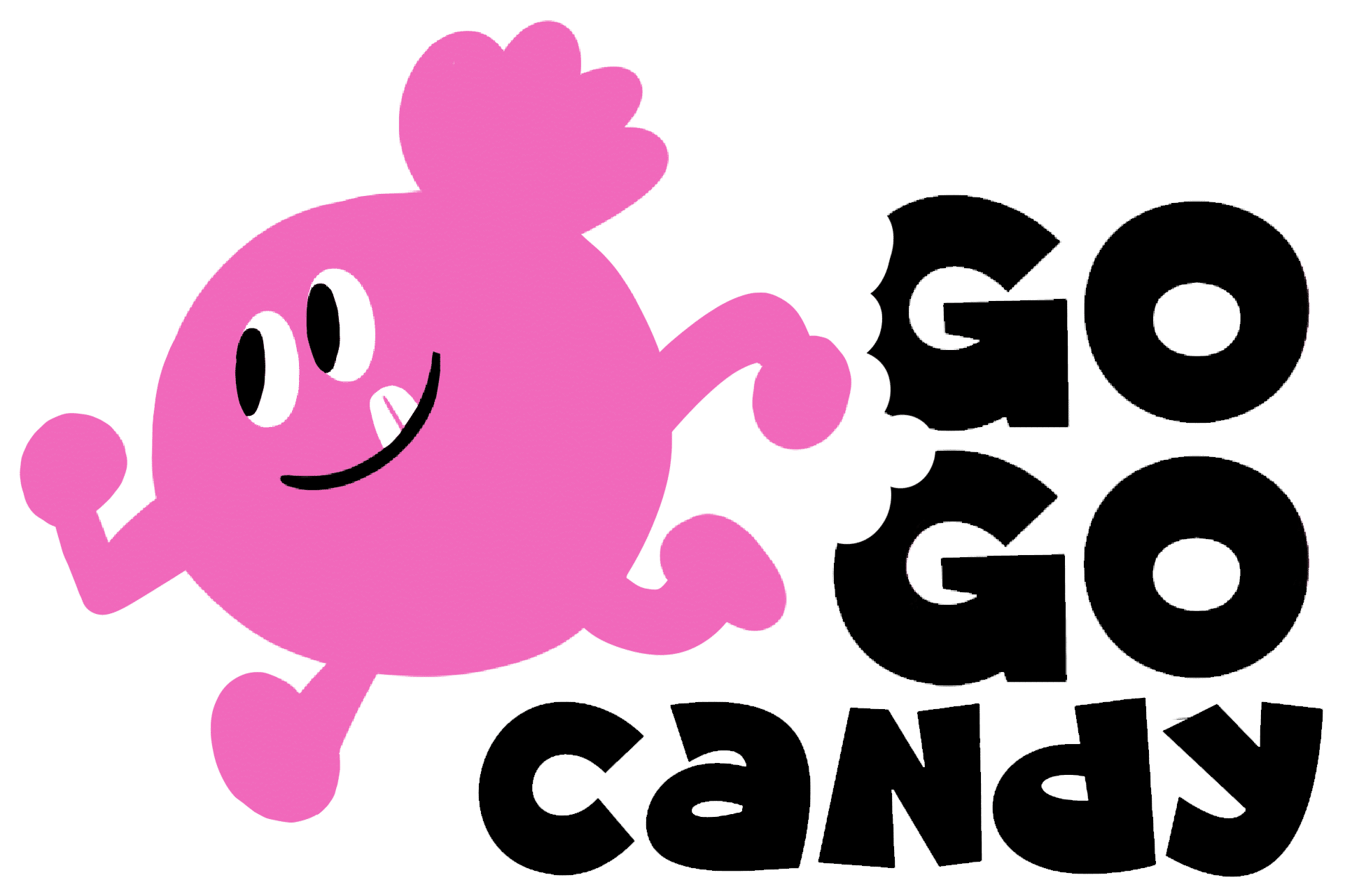 Vrolijke roze snoepjesmascotte in een rennende pose met een brede glimlach, omgeven door de speelse letters van het Go Go Candy logo.