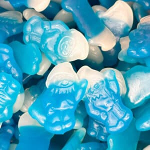 Speelse blauw-witte gummy snoepjes in verschillende vormen, met een heerlijk zachte textuur en een verfrissende, zoete smaak. Ideaal voor liefhebbers van kleurrijke en zachte traktaties.